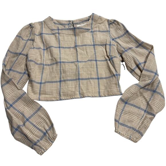 NWT Joie 2 Pc Set Cropped Long Sleeve Top Pleated Skirt Plaid Womens Medium Tan - Picture 4 of 16